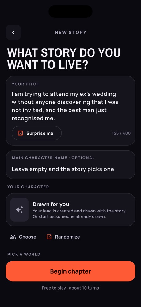 The Epitale new story screen asking what story you want to live