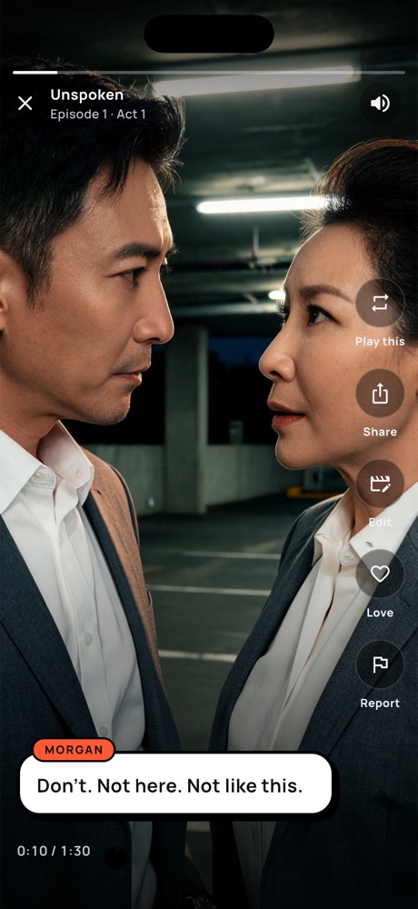 An Epitale episode: two characters face each other in a parking garage, with a speech bubble