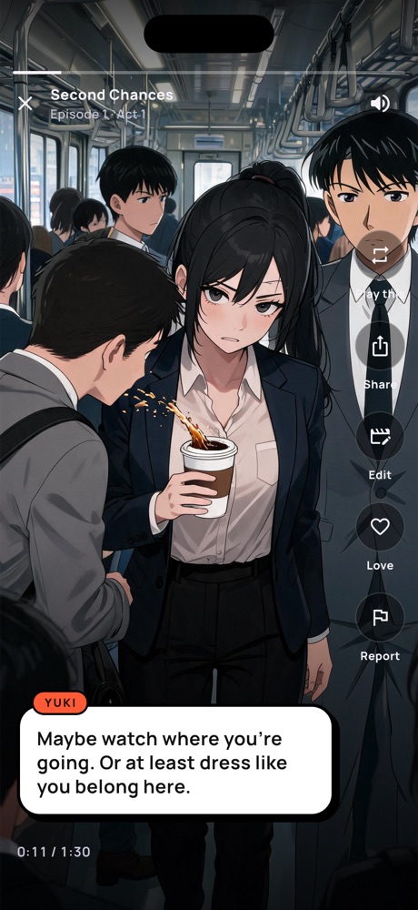 Anime episode with a speech bubble on a crowded train